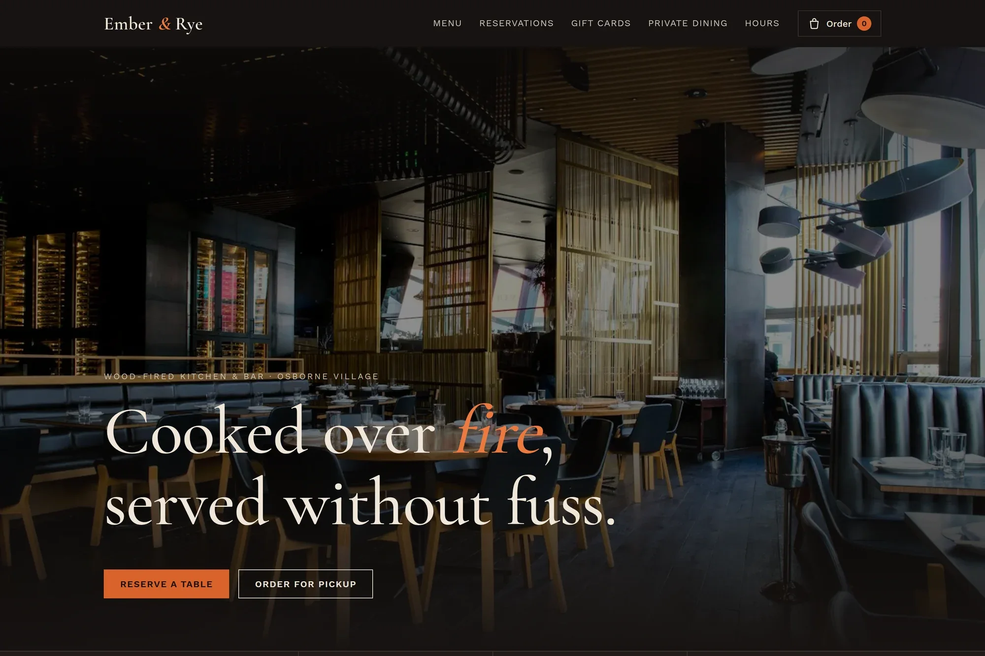 Ember & Rye restaurant home page with dark dining-room hero Ember & Rye restaurant home page with dark dining-room hero