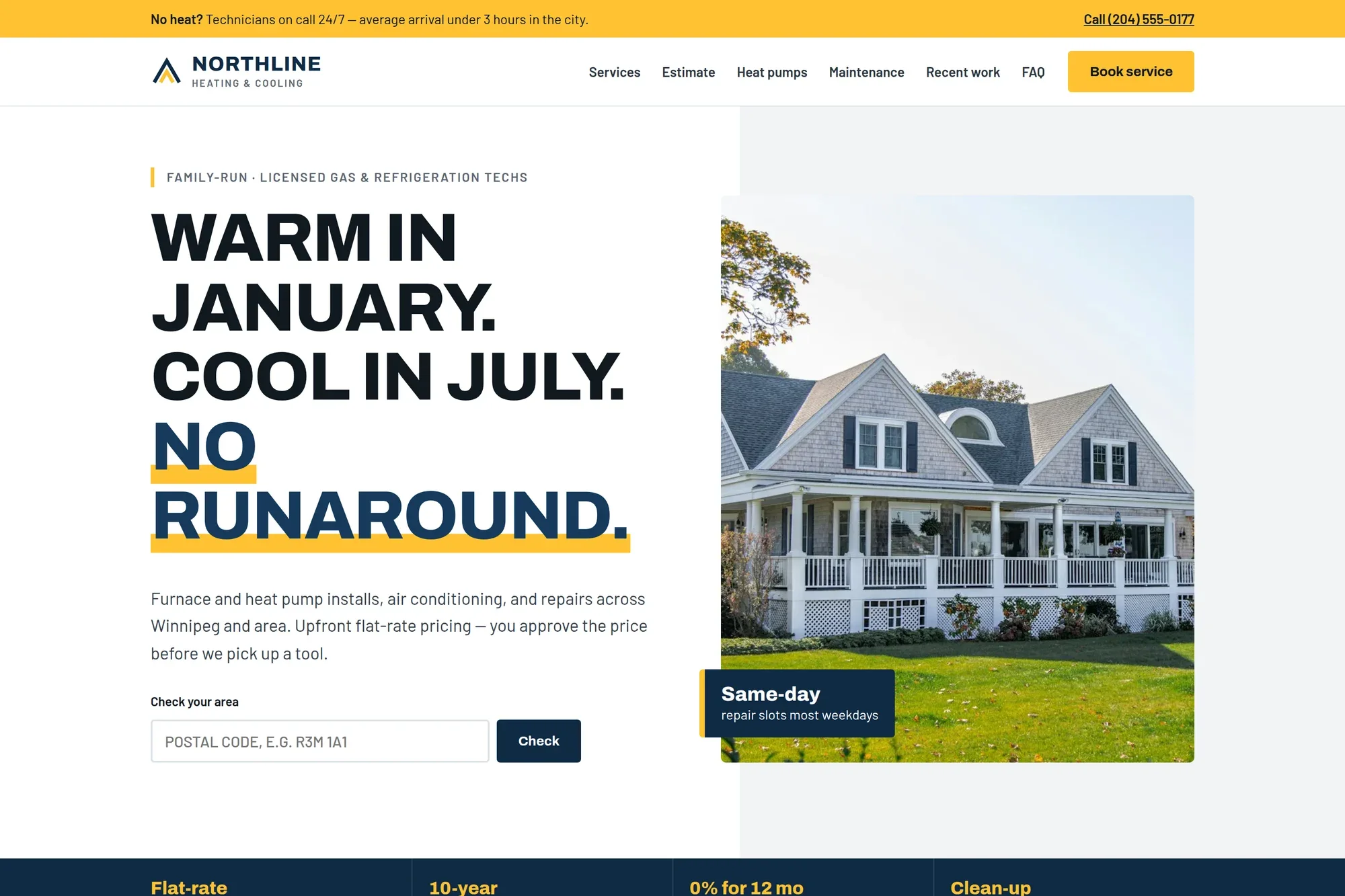 Northline Heating & Cooling home page with emergency bar and postal-code check Northline Heating & Cooling home page with emergency bar and postal-code check