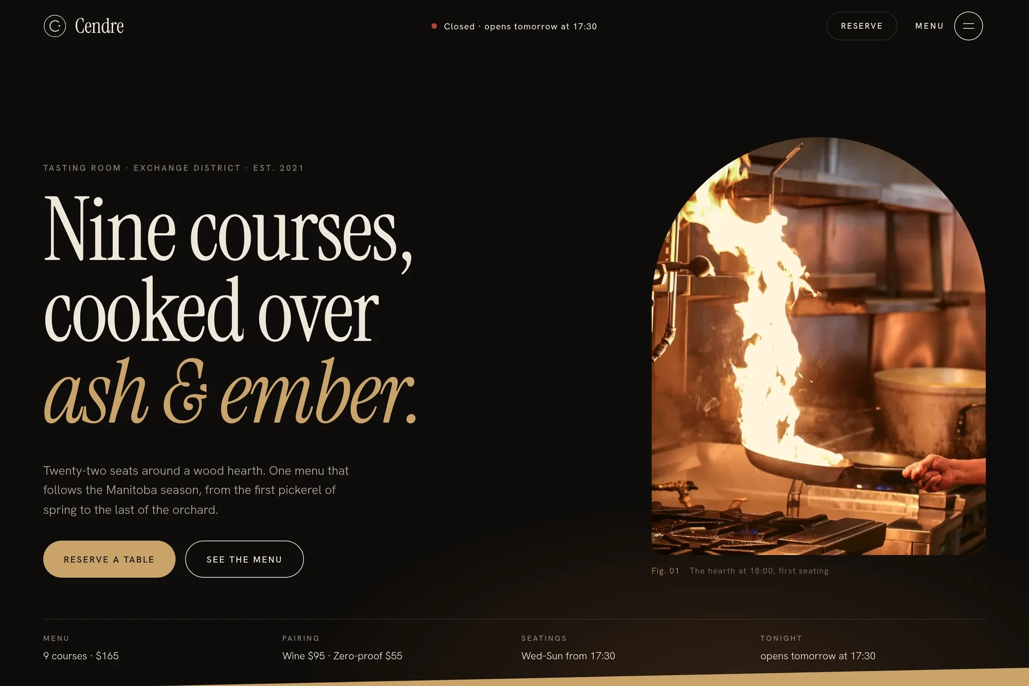 Cendre tasting-room home page with a serif headline and an arched hearth photo Cendre tasting-room home page with a serif headline and an arched hearth photo